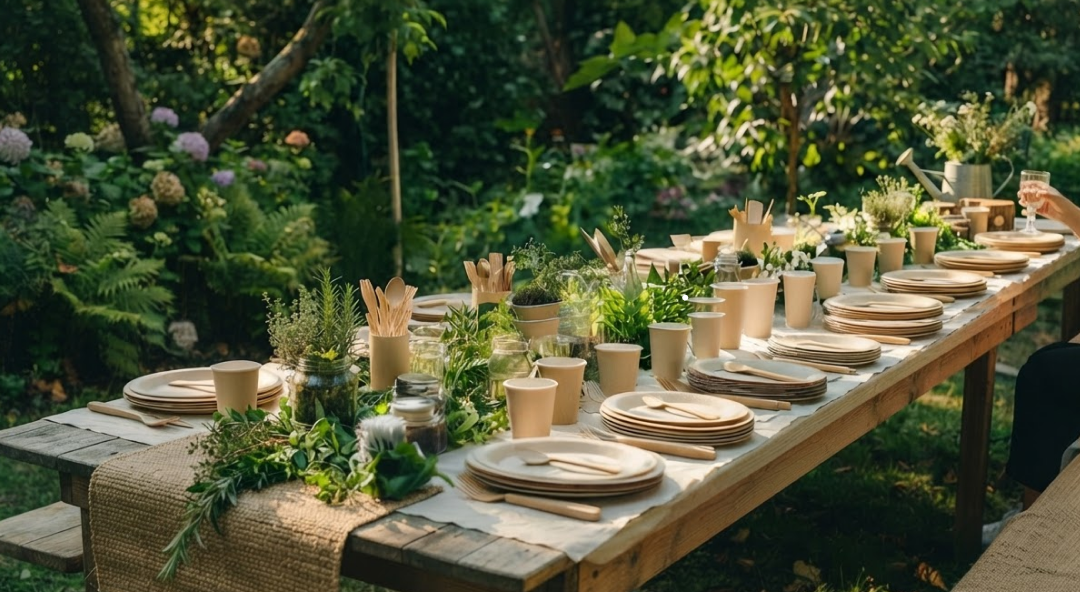 Natural tableware on a garden table